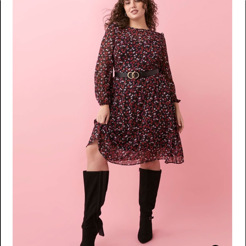 Black and red floral print flowy long sleeve dress.
